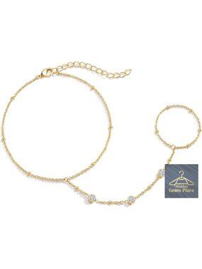 14K Gold Plated Hand Chain Bracelet with Cubic Zirconia, Adjustable Finger Ring